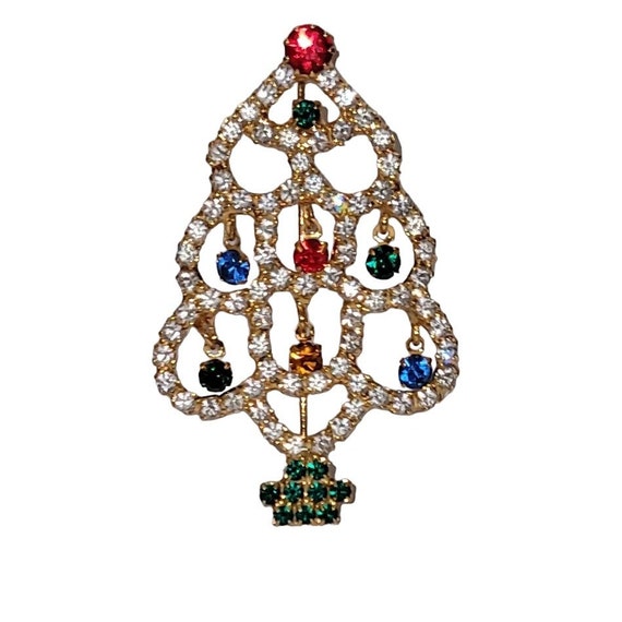 Vintage Gold Tone Prong Set Multi Color Rhinestone Christmas Tree Dangle Ornament Brooch L28