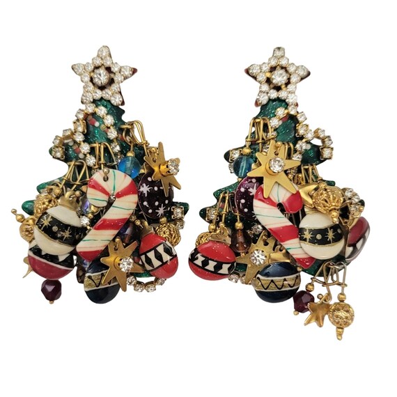 Lunch At The Ritz Christmas Tree Loaded Chain Clip-On Earrings, Signed E503