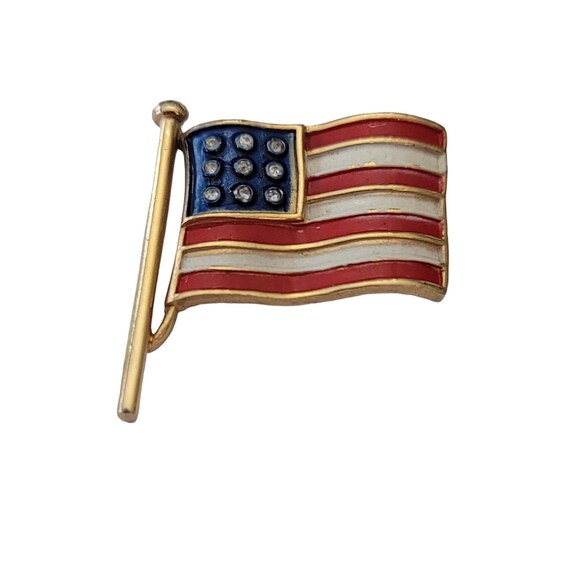 Trifari Red White Blue Enamel Clear Rhinestone US Flag Brooch Pin, Signed E711