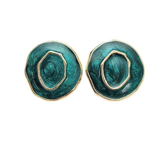 Round Green Swirl Enamel Clip-On Gold Tone Earrings C729