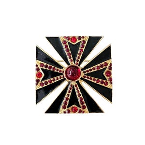 Maltese Cross Brooch Black Enamel, Red Rhinestone Pin Pendant C31