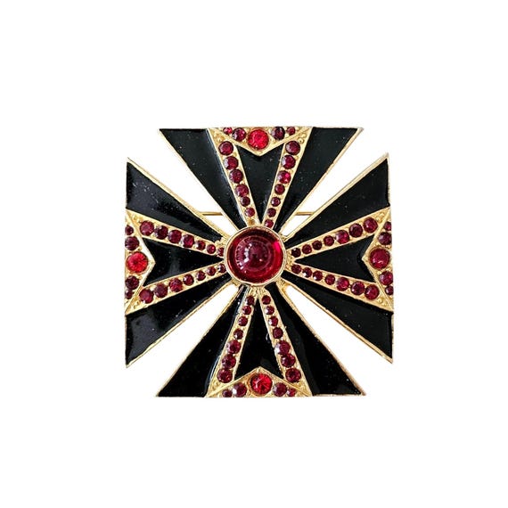 Maltese Cross Brooch Black Enamel, Red Rhinestone Pin Pendant C31