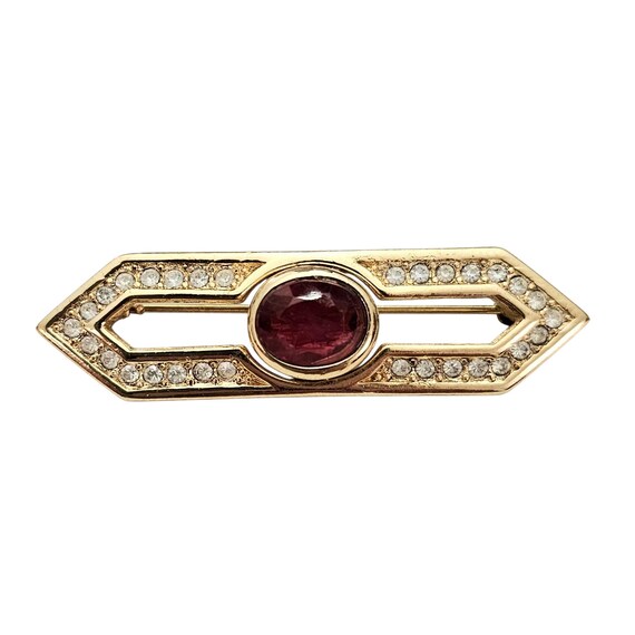 Grosse Gold Tone Bar Brooch Red Clear Rhinestone Pin Signed