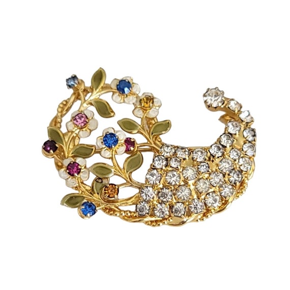 Weiss Gold Tone Flower Clear Multi Color Rhinestone Enamel Cornucopia Brooch Pin, Signed K380