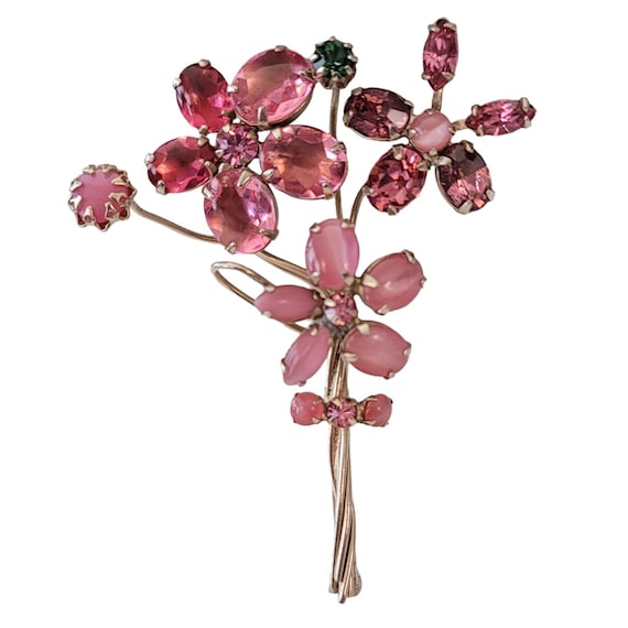 Schreiner Pink Rhinestone Wiry Stems Bouquet Brooch Pin, Early Unsigned E773