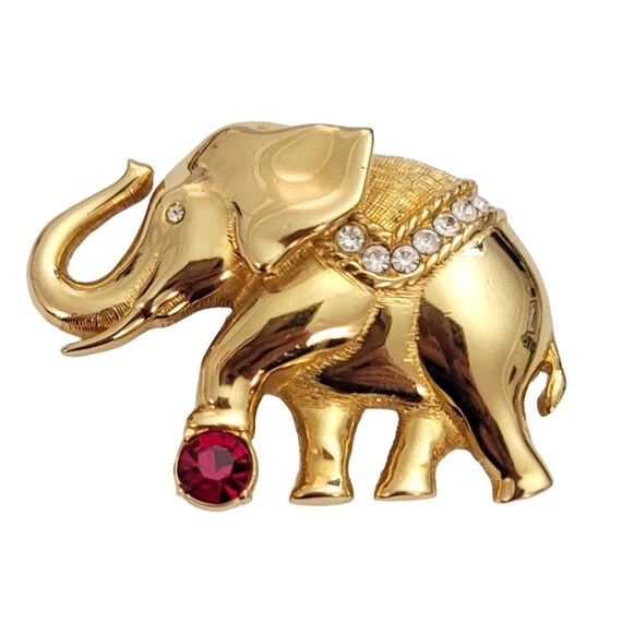 Swarovski Swan Logo Gold Tone Red Clear Crystal Circus Elephant Brooch Pin, E202