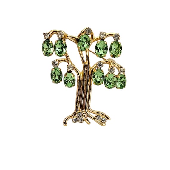 KJL Tree Of Life Green Uranium Glass Rhinestone Dangle Brooch Pin Signed,  J104