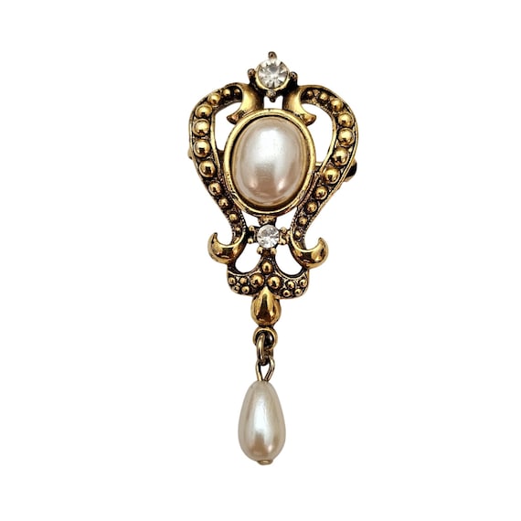 Heart Brooch Gold Tone Faux Pearl Clear Rhinestone Vintage Pin C848