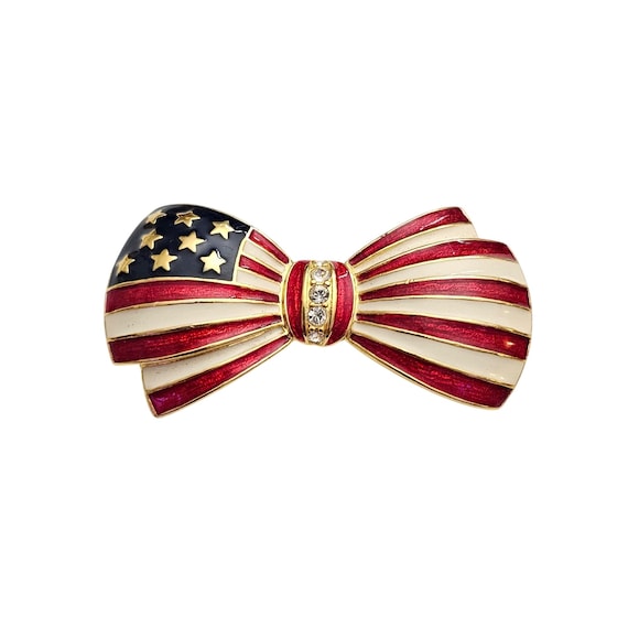 Joan Rivers Flag Bow Brooch Patriotic Clear Rhinestone Pin Signed C961