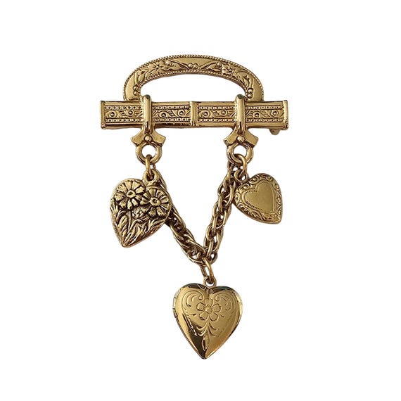 1928 Brand Bar Pin Heart Chain Dangle Brooch Locket Pin J522