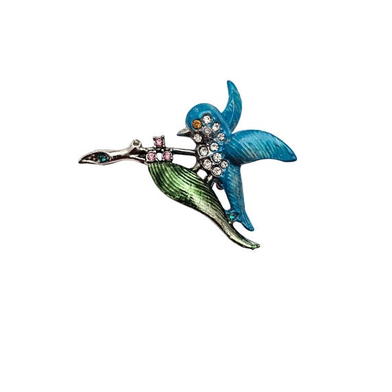 Teal Blue Bird On Branch Enamel Brooch Pink Rhinestone Leaf Pin, 1950’s J604