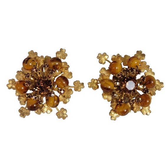 Miriam Haskell Gold Tone Clover Leaf Topaz Rhinestone Glass Bead Clip On Earrings, Signed E73