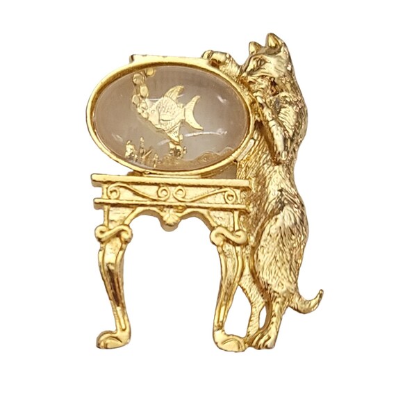 1928 Brand Gold Tone Cat and Lucite Fish Bowl Brooch K705