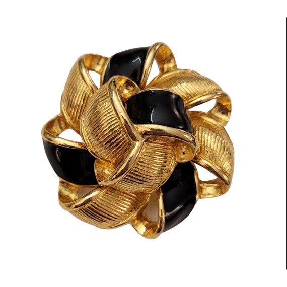 Anne Klein Gold Tone Black Enamel Ribbon Bow Coat Brooch Pin, Signed K564