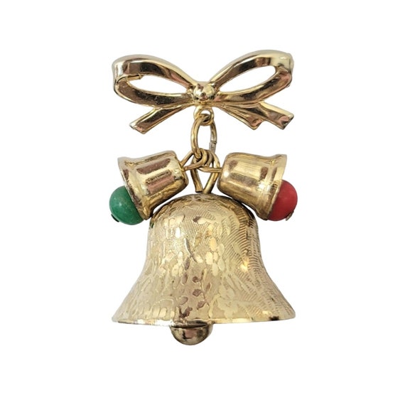Gold Tone Red Green Bead Christmas Bell Trio Articulated Dangle Brooch Pin E742