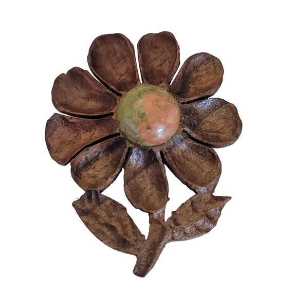 Rustic Vintage Wood Carved Flower, Unakite Center Cab Pin Brooch K346