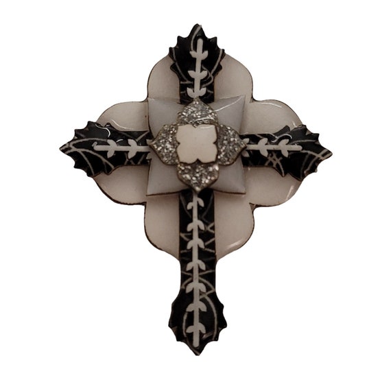 Lucinda Maltese Black White Cross Pendant Brooch E324