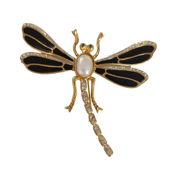 Craft Gold Tone Black Enamel Clear Rhinestone Statement Dragonfly Brooch Pin, Signed E93