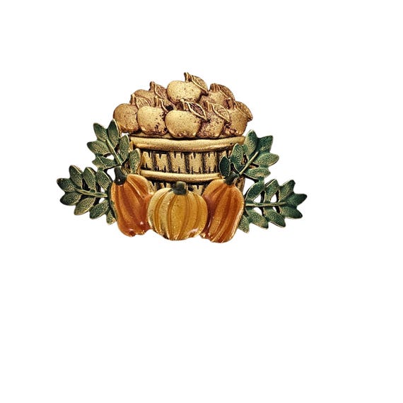 Kenneth Cole Autumn Basket Brooch, Pumpkins Apples Orange Enamel Pin, Signed L431