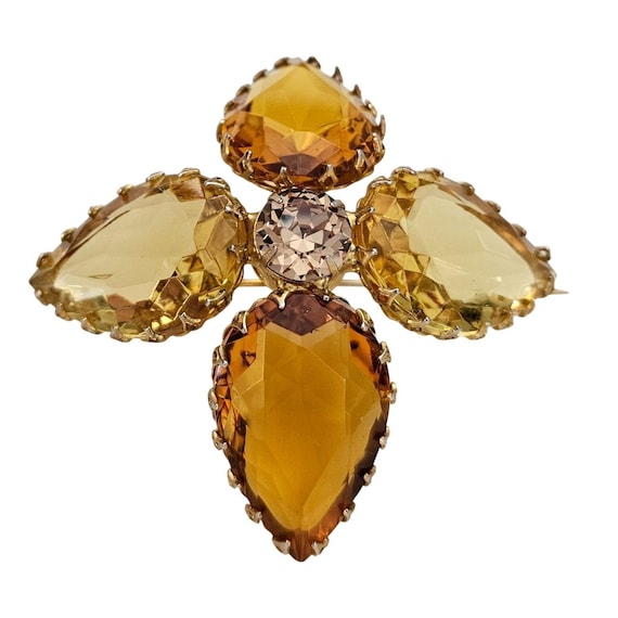 Gold Tone Maltese Cross Brooch Statement Size Topaz Jonquil Pear Pin