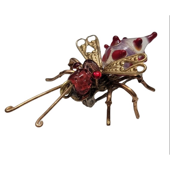 Art Red And Clear Glass Bead Gripoix Style Eyes Bug Insect Pin Brooch