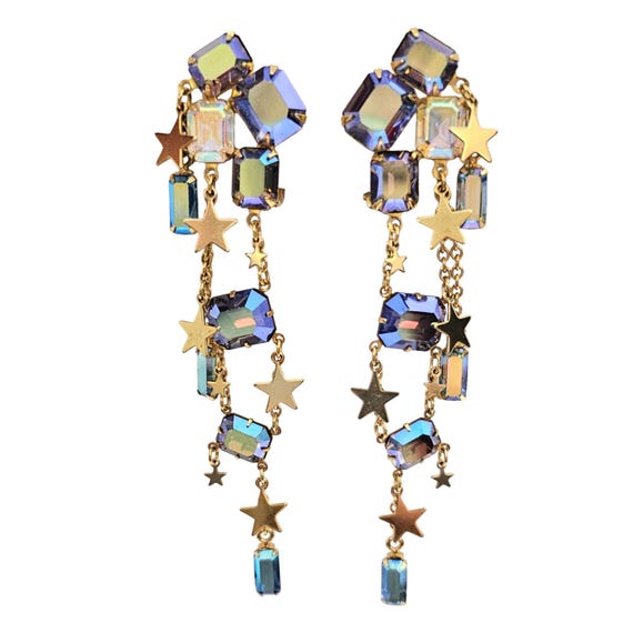 Kirks Folly Blue AB Rhinestone Star Dangle Clip On Sparkling Earrings J421