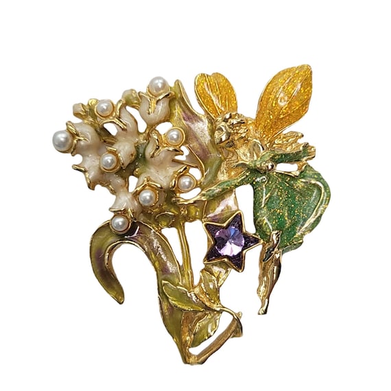 Kirks Folly Gold-Tone Enamel Rhinestone Fairy Lily Of The Valley Pin Brooch, Signed