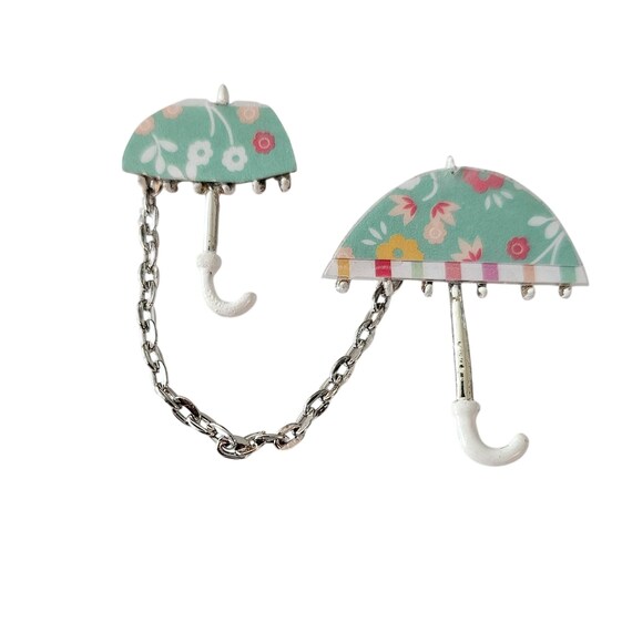 Umbrella Brooch Chatelaine Pair Vintage Setting Green Pink Pins J775