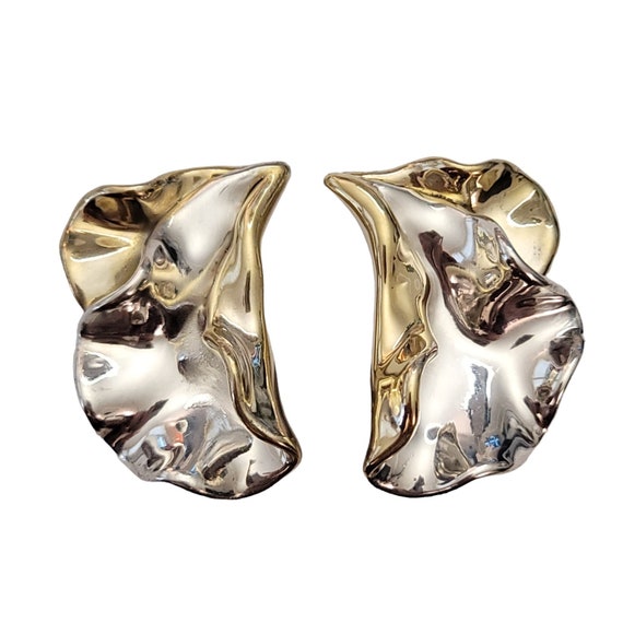David Varsano Modernist Sterling Silver Large Wavy Brutalist Clip-On Earrings, Signed E963