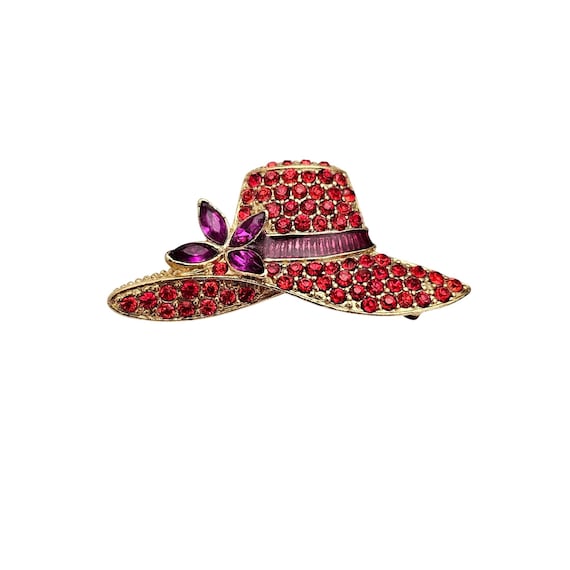 Monet Red Rhinestone Hat Brooch Purple Flower Pin Signed, J638