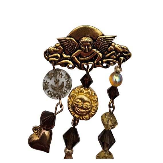 Cupid Bar Brooch Sun Moon Puffy Heart Glass Bead Charm Dangle Pin J593