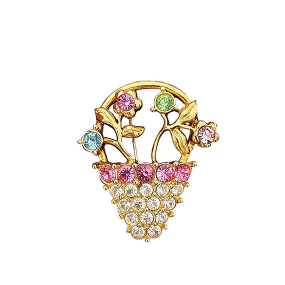 Monet Gold Tone Vintage Flower Basket Brooch Pink Rhinestone Pin Signed J315