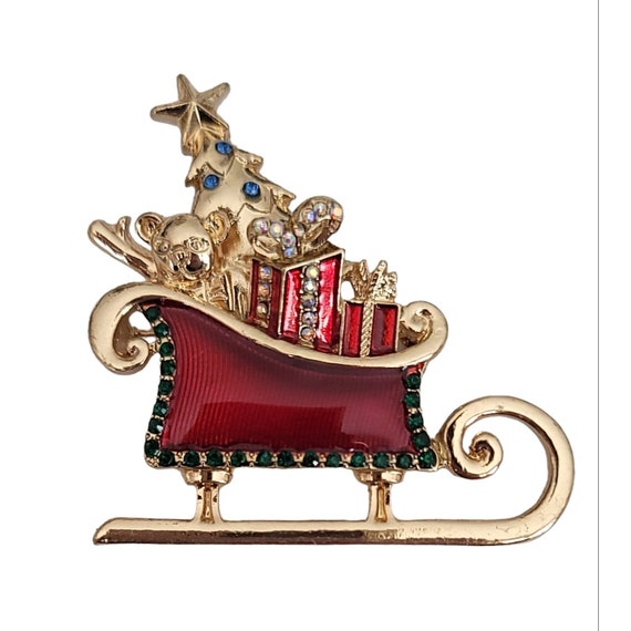 Liz Claiborne Blue AB Rhinestone Red Enamel Santa Sleigh Brooch, Signed K572