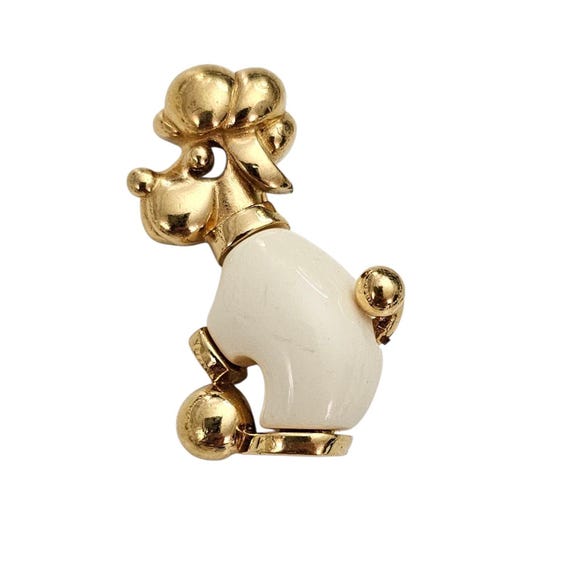 Trifari Crown Over T Gold Tone Off White Lucite Dog Brooch, Signed