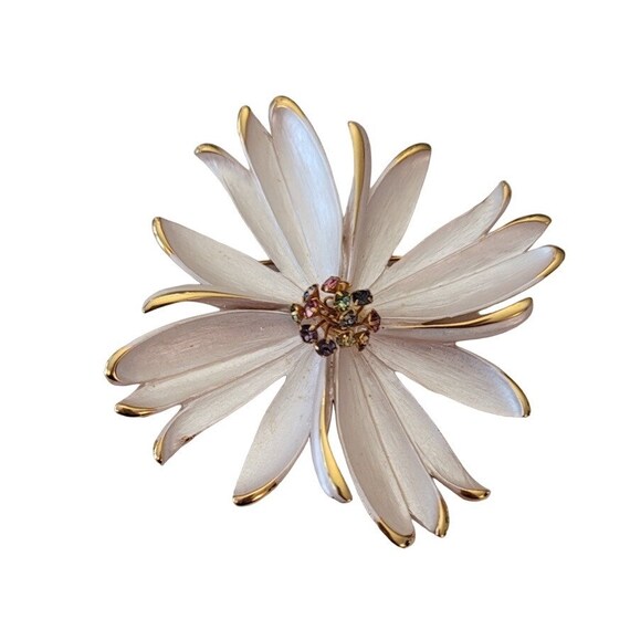 Park Lane Gold Tone Prong Set Rhinestone White Painted Flower Petal Brooch Pin, Signed E487