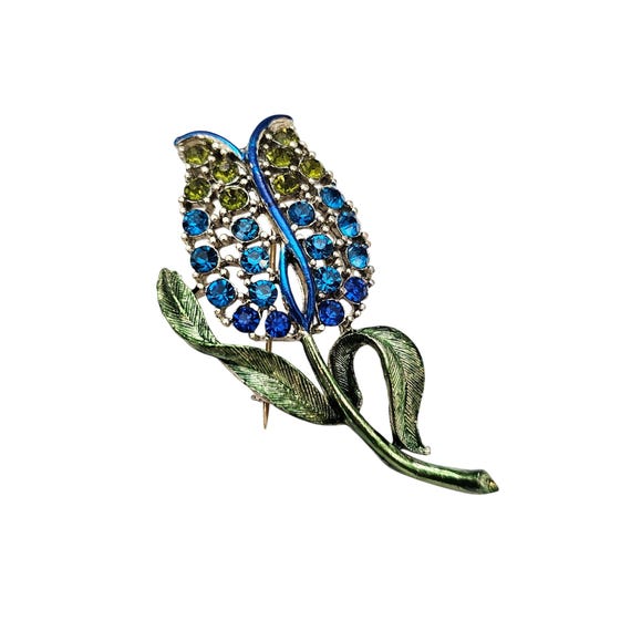 Blue Olivine Tulip Brooch Rhinestone Vintage Flower Pin