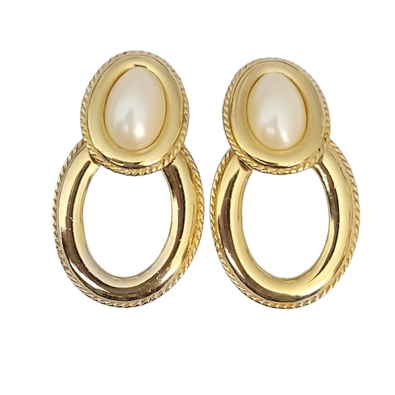 Givenchy Vintage Gold Tone Faux Pearl Door Knocker, Clip On Earrings, E001