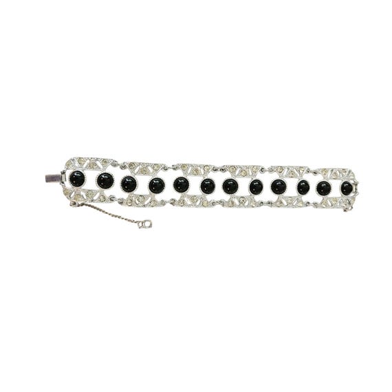 Sarah Coventry Silver Tone Black Lucite Cab Panel Bracelet, Signed