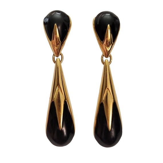 Monet Vintage Gold Tone Black Enamel Tear Drop Dangle Post Earrings, Signed E894