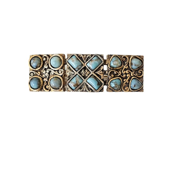 P&M Paris Gold Tone Blue Venetian Style Glass Cabochon Panel Bar Brooch, Signed L254