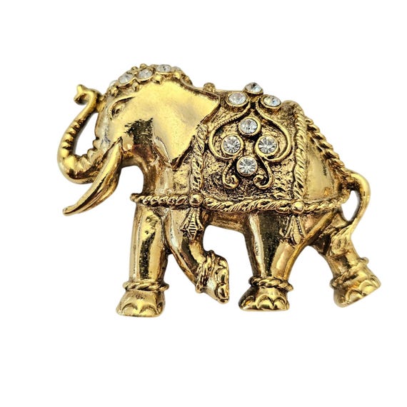 1928 Gold Tone Clear Rhinestone Elephant Brooch C642