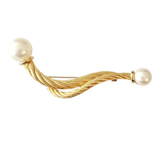 Christian Dior Faux Pearl Rope Brooch, Gold Tone Ribbon Pin, Signed