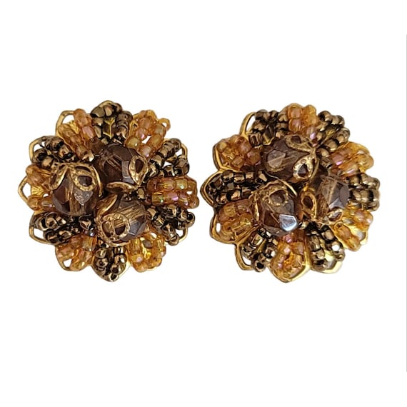 Original By Robert Gold Tone AB Brown Glass Bead Clip-On Earrings, Signed K601