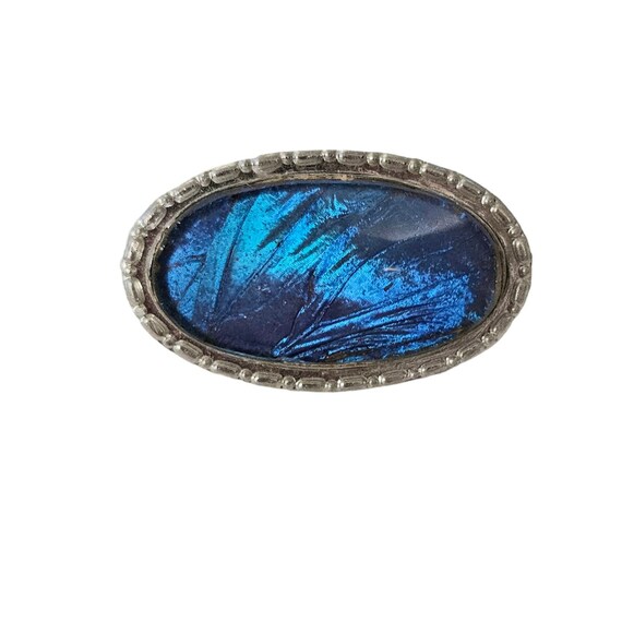 Silver Tone Aluminum Bezel Set Blue Butterfly Wing Oval Brooch Pin L129