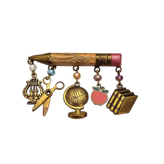 Pencil Bar Brooch Scissors Globe Books Apple Lyre Harp Charms Pin J697