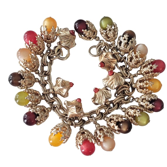 Napier Gold-Tone Autumn Moonstone Glow Stone Lucite Charm Bracelet, Signed E756