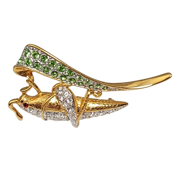 JBK Jaqueline Kennedy Gold-Tone Clear And Green Rhinestone Grasshopper Brooch Pin, Signed