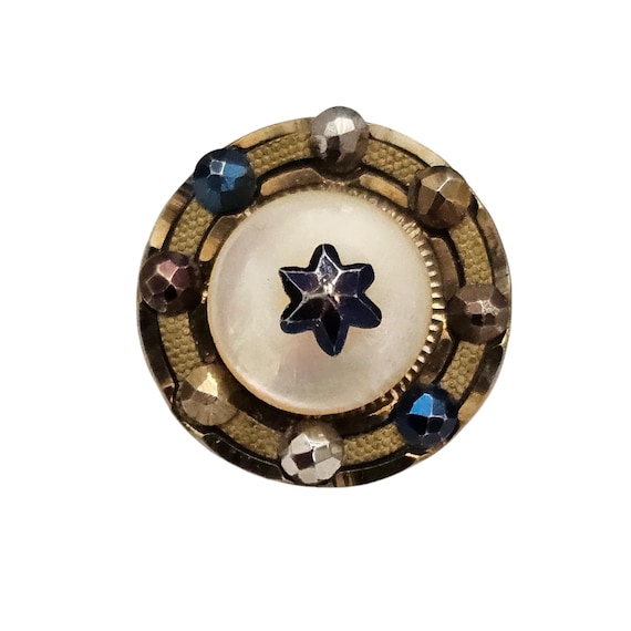 Antique Multi-Color Steel Cut And Mother-Of-Pearl Cabochon Button J926
