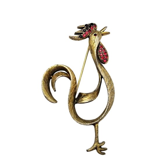 Jeanne Rooster Brooch Open Modernist Red Rhinestone Pin Signed, J778