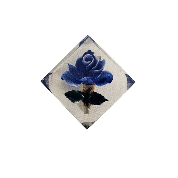 Clear Lucite Reverse Carved Square Blue Rose Broo… - image 9